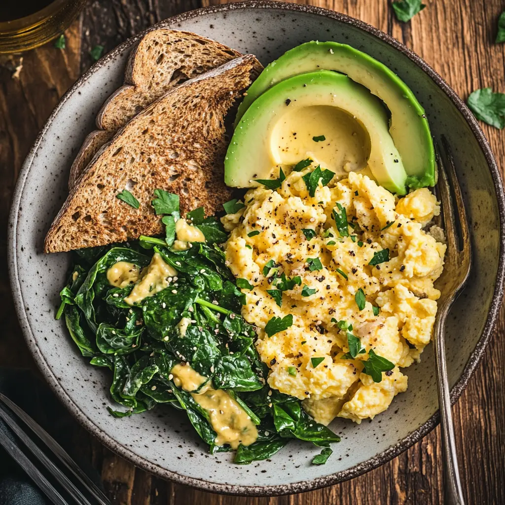 A protein-packed breakfast with eggs, spinach, and avocado.