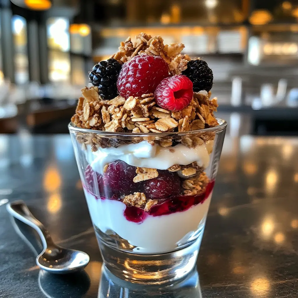 Greek yogurt parfait with granola and mixed berries.