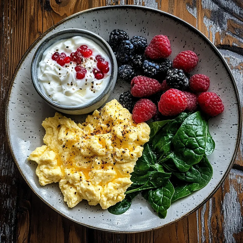 A high-protein breakfast with eggs, spinach, and Greek yogurt.