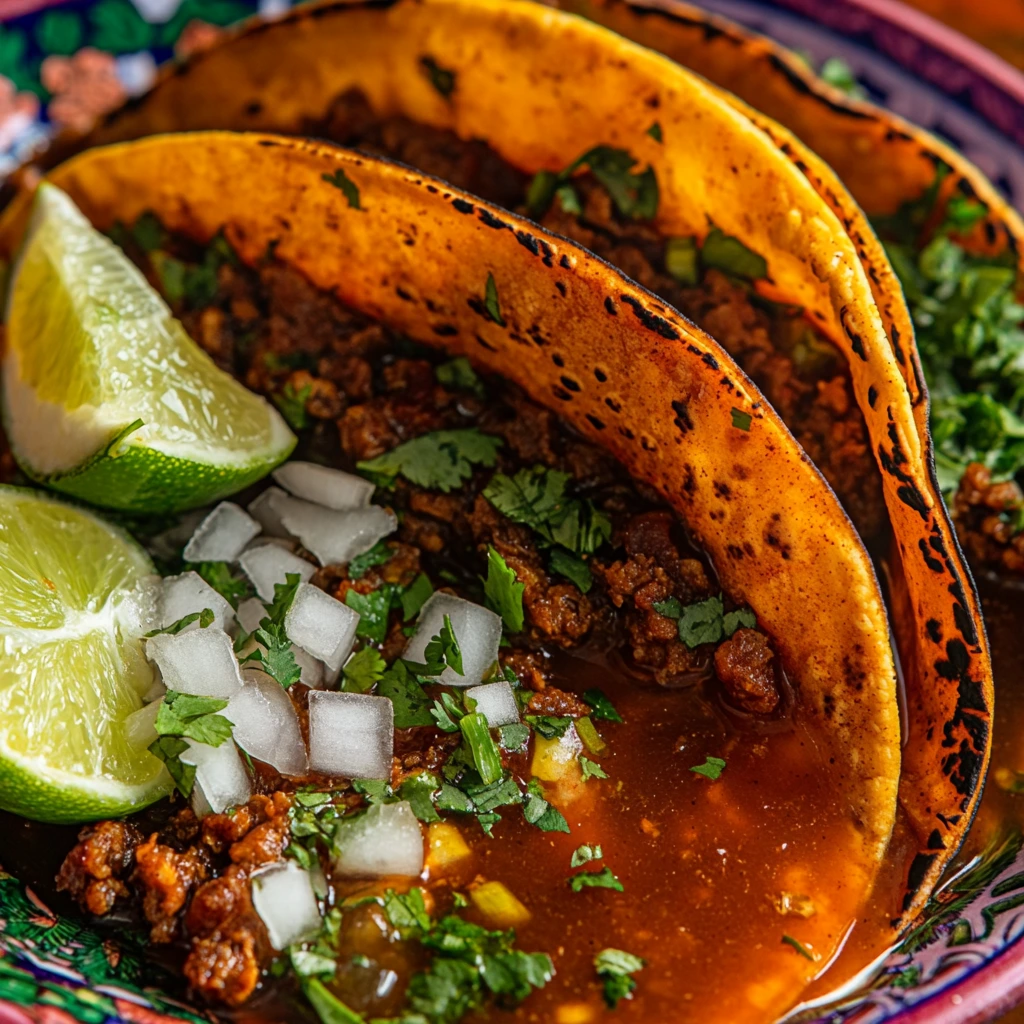 Birria tacos with consommé and toppings