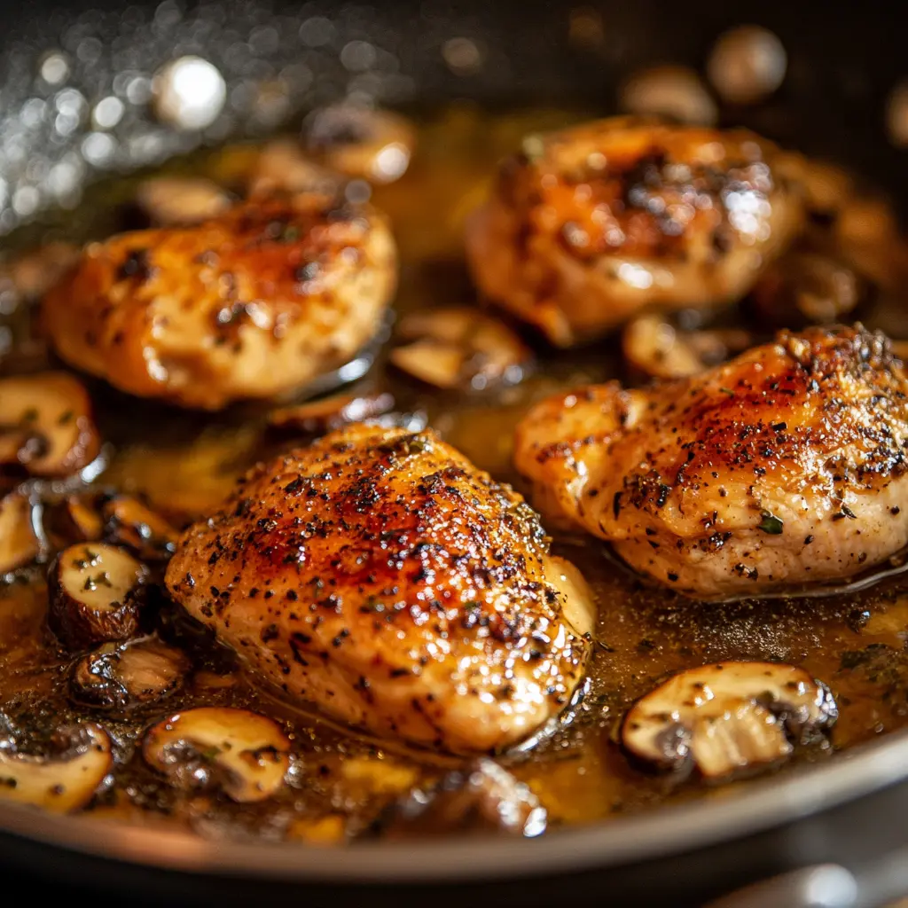 Chicken sautéing in a pan with olive oil and butter.