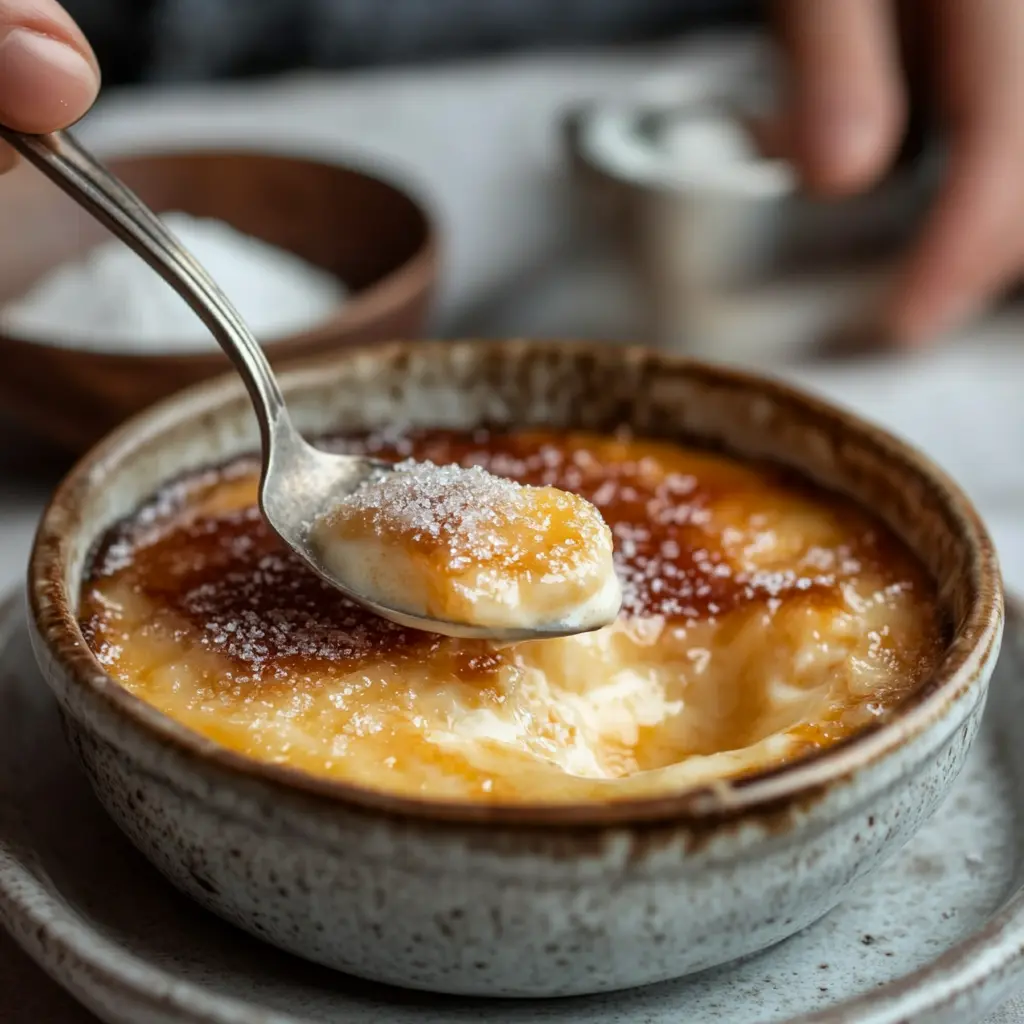 Spoon cracking crème brûlée caramelized sugar.