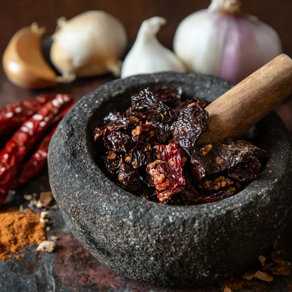Ingredients for birria marinade including chiles and spices.