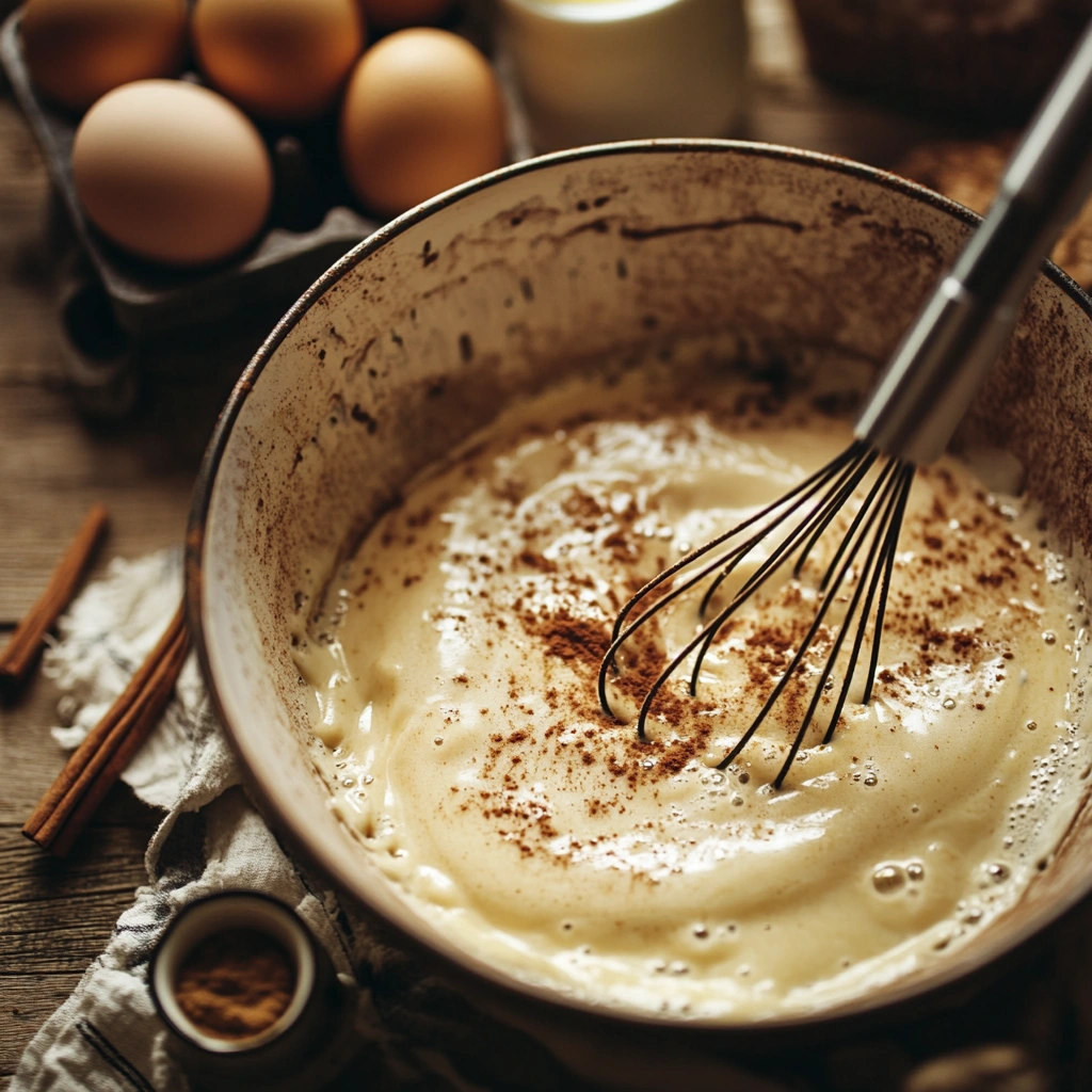 Pancake batter in a mixing bowl with whisk and ingredients.