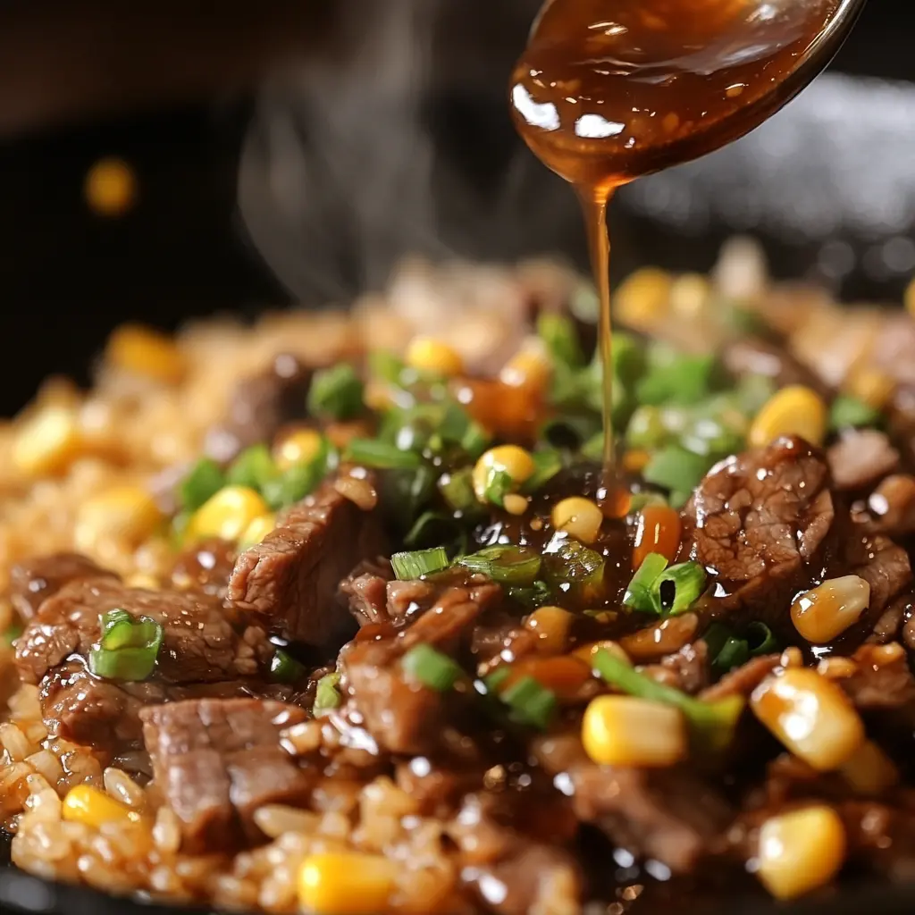 Beef Pepper Rice with sweet sauce being drizzled.