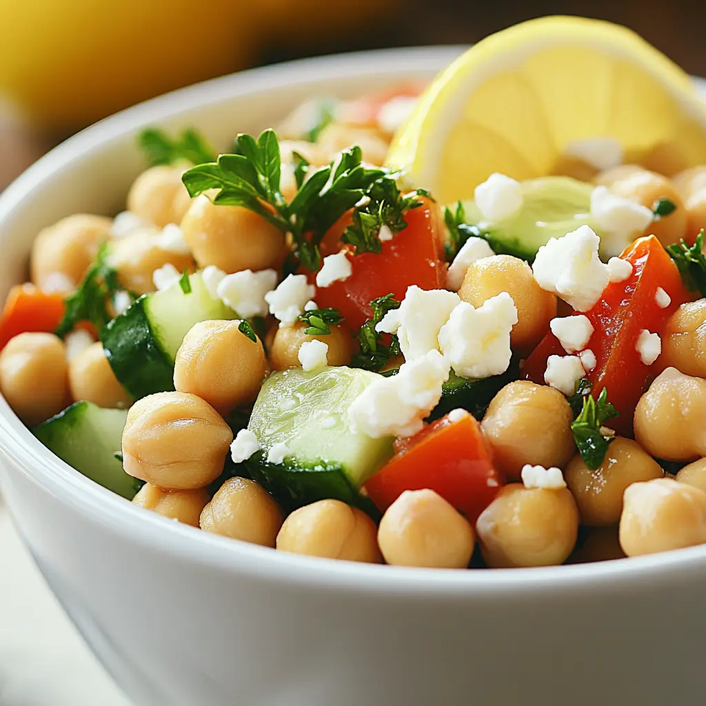 Mediterranean chickpea salad with cucumbers and feta cheese.