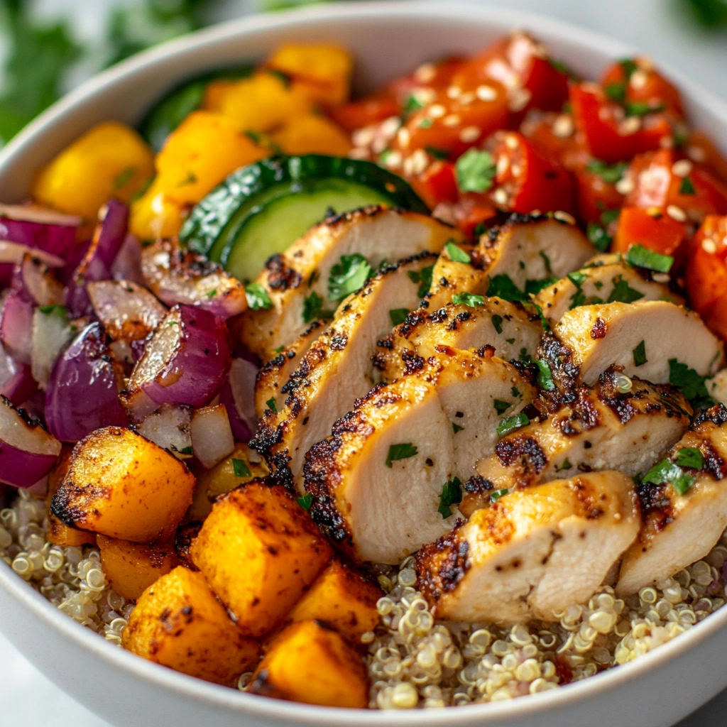 A healthy grain bowl with quinoa, roasted vegetables, and grilled chicken topped with a light drizzle of dressing.