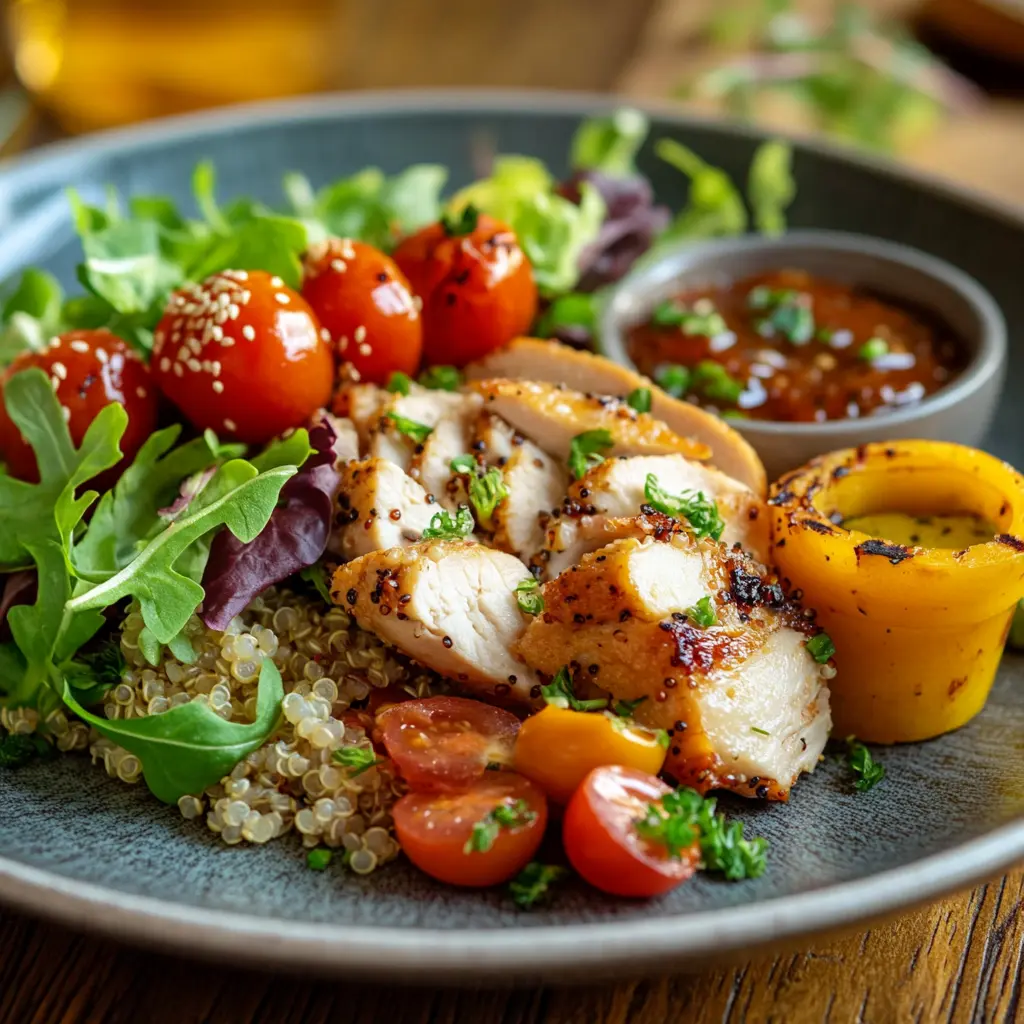Gluten-free kid’s lunch with quinoa salad, greens, and fresh fruit.