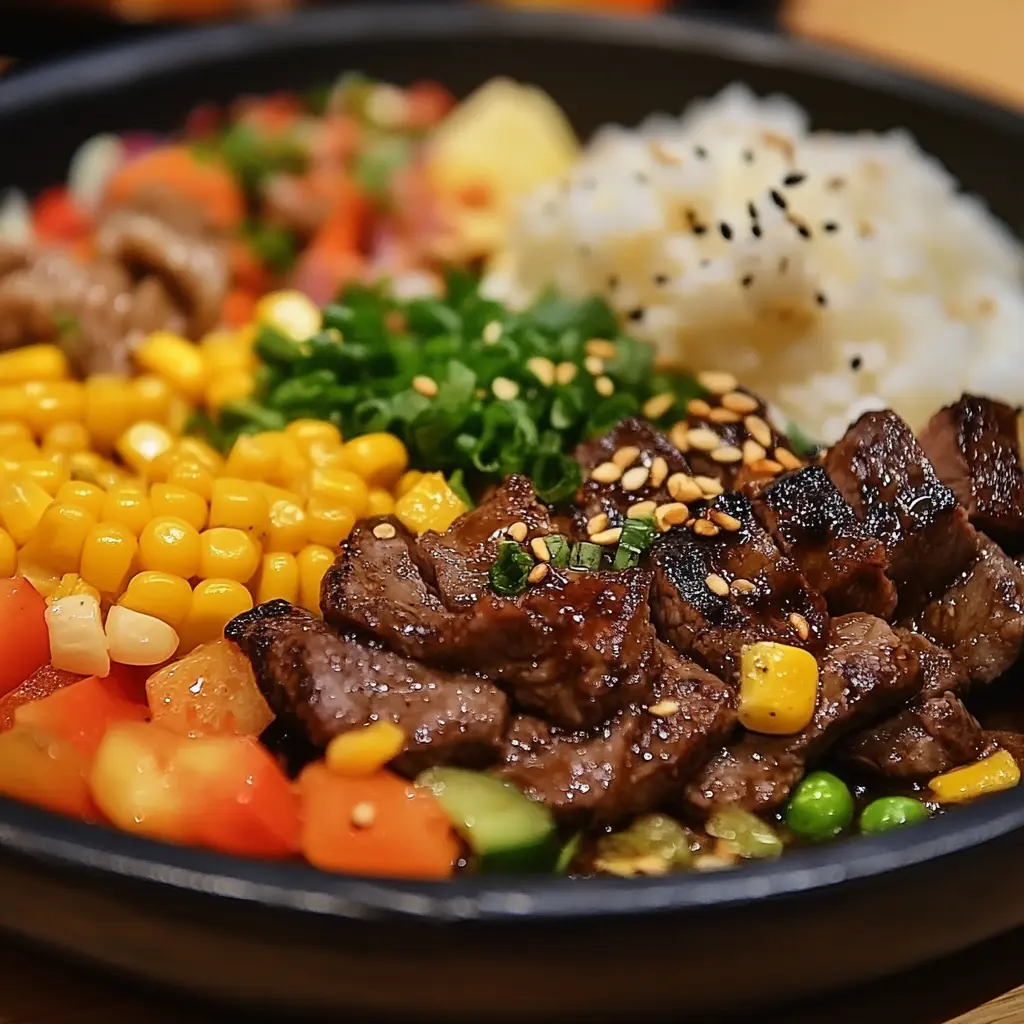 A sizzling hot plate with seared beef, rice, and vegetables at Pepper Lunch.