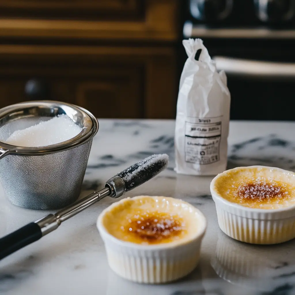 Tools for caramelizing crème brûlée including a culinary torch