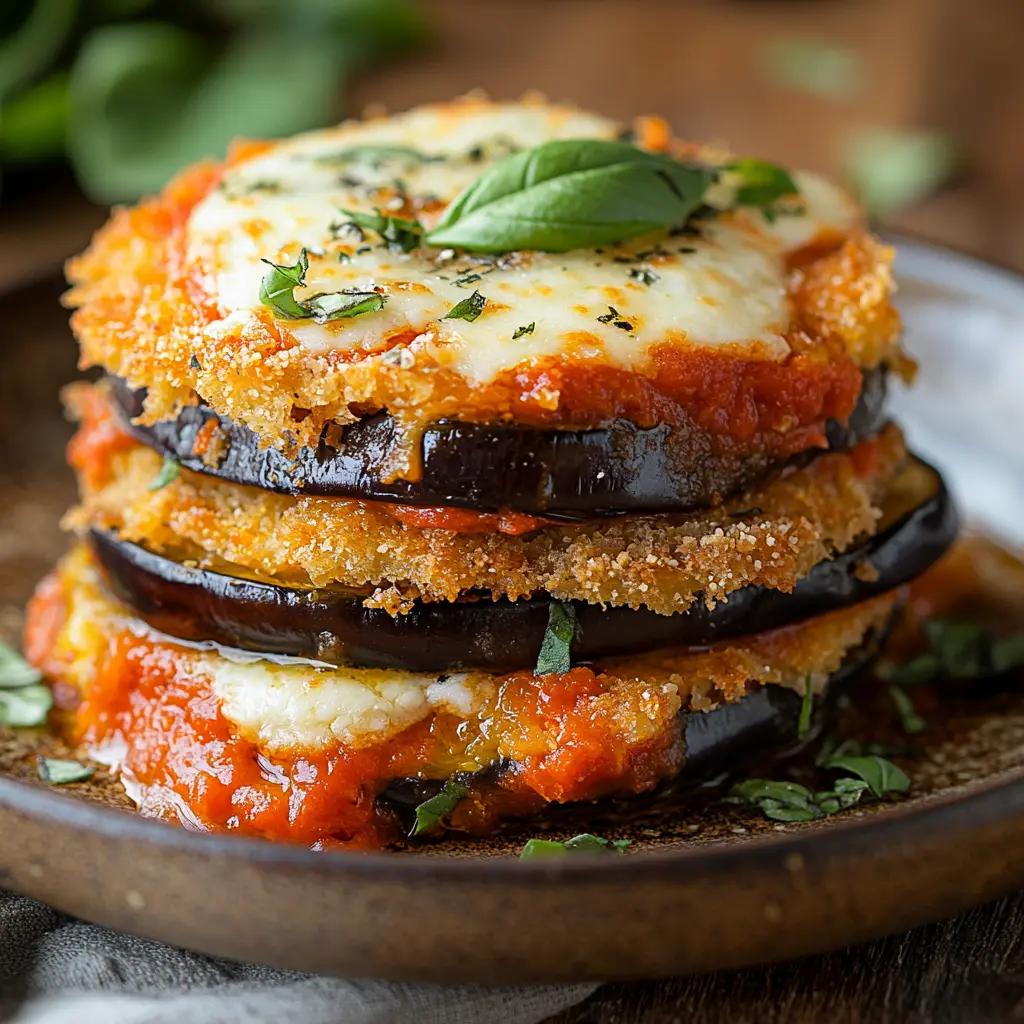 Eggplant parmigiana served with fresh basil and tomato sauce.