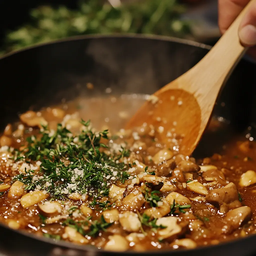 Cooking savory mushroom sauce in a skillet for chicken marsala.