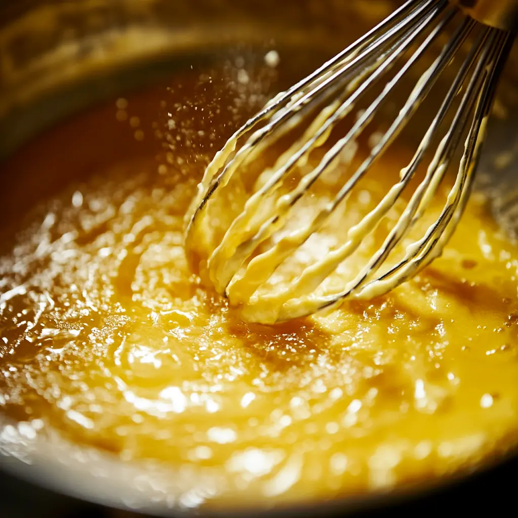Flour being whisked into melted butter to make roux.