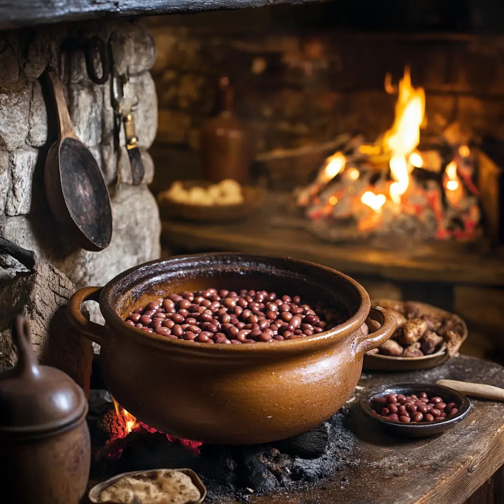 Traditional clay pot cooking of Boston baked beans in a colonial setting