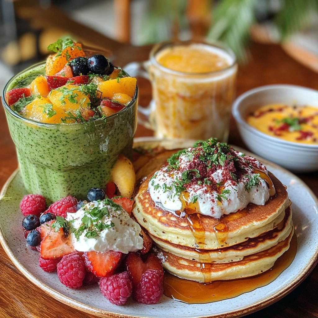 Breakfast options: pancakes, omelette, and smoothie bowl.