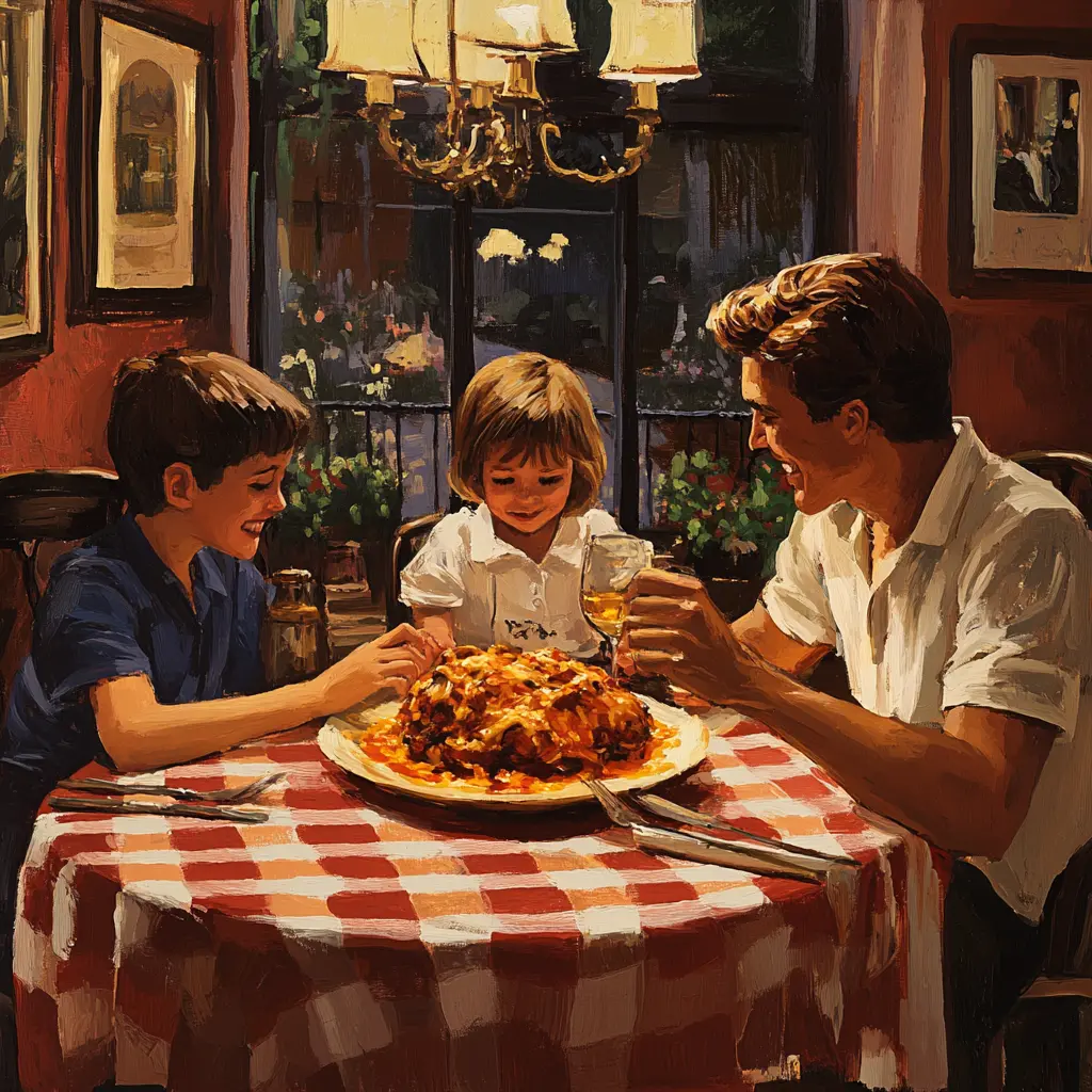 Family enjoying Chicken Parmesan in an Italian-American restaurant.