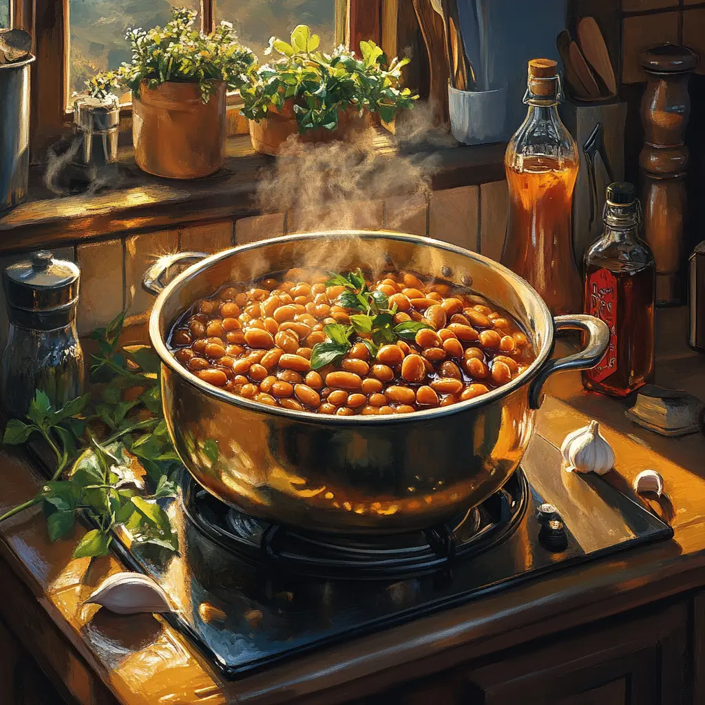 Steaming pot of baked beans with fresh herbs and seasonings in a cozy kitchen.