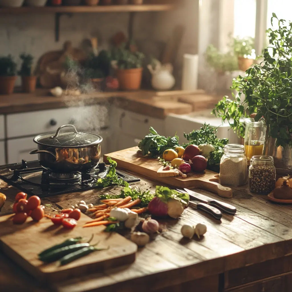 Fresh ingredients and a cozy kitchen setup for homemade recipes.