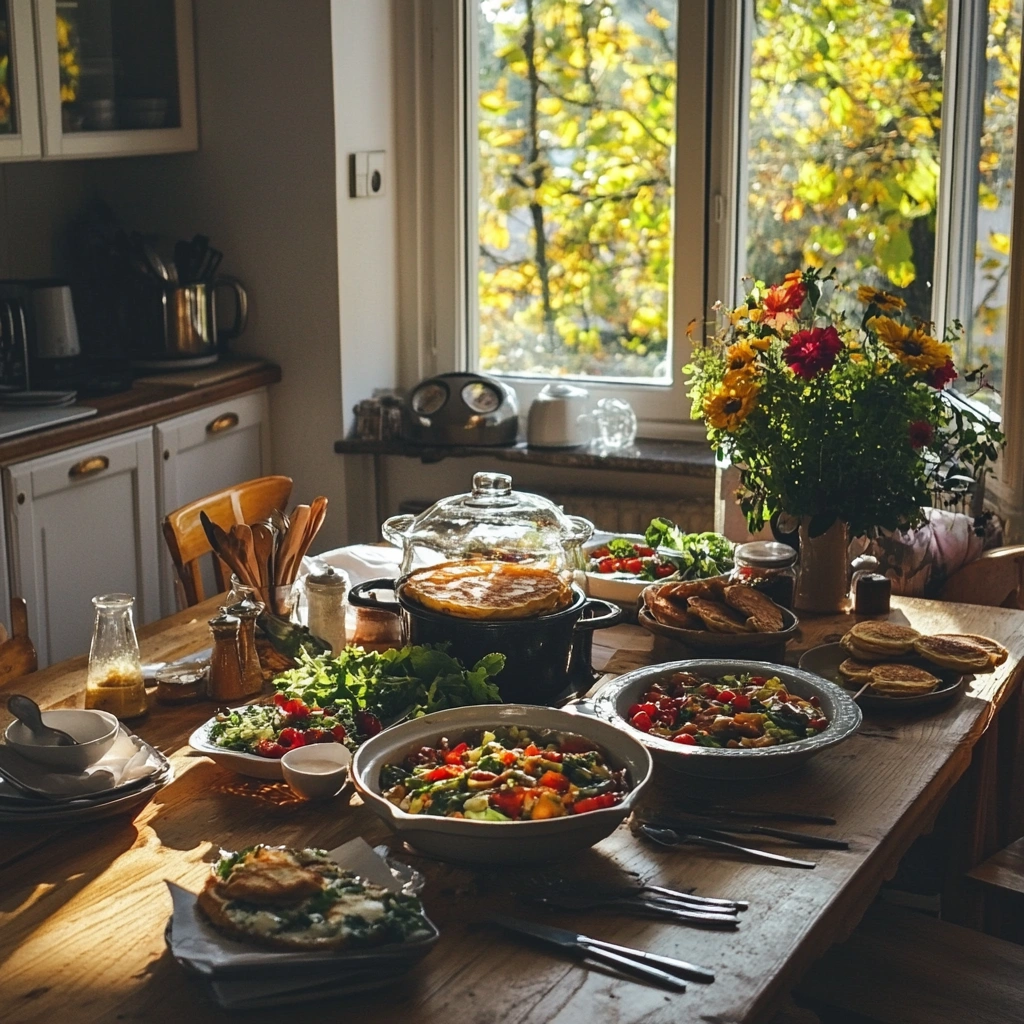 A table of vibrant homemade dishes in a cozy kitchen.