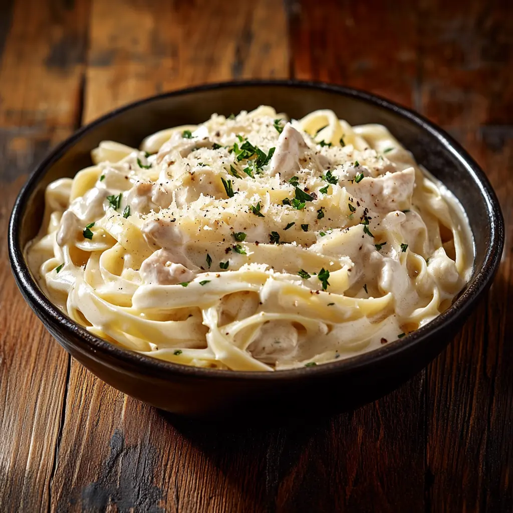 Alfredo sauce served on fettuccine pasta with Parmesan garnish.
