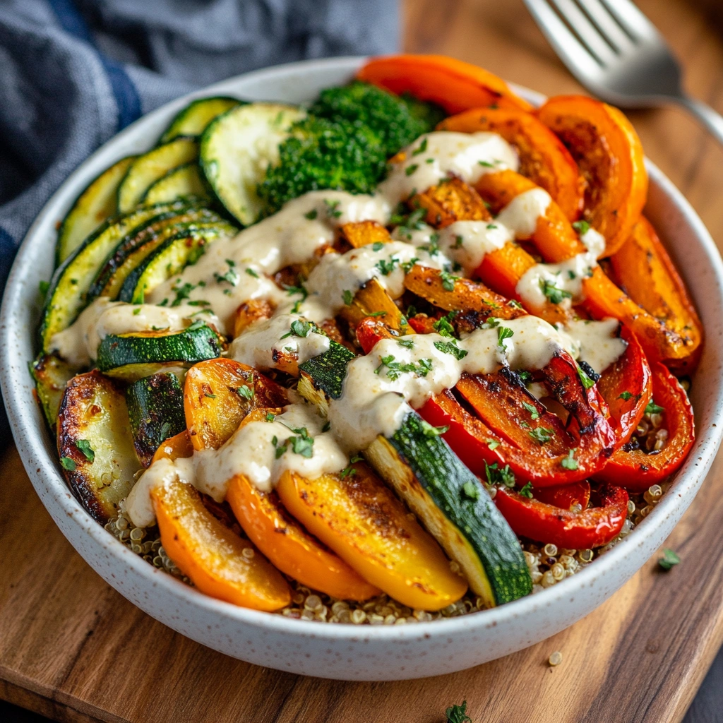 Quinoa veggie bowl with roasted vegetables and tahini dressing