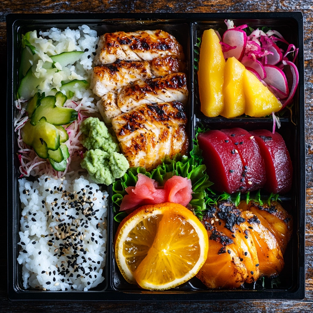 A Japanese bento box featuring rice, grilled fish, pickled vegetables, and fruit, neatly arranged in a compartmentalized container.