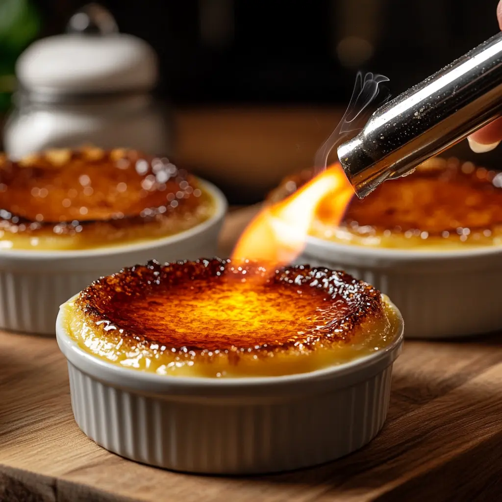 Using a culinary torch to caramelize crème brûlée