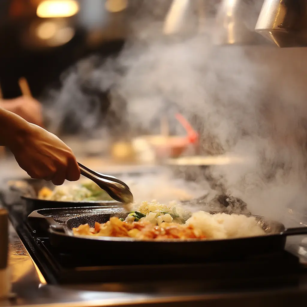 A customer cooking on a sizzling hot plate at Pepper Lunch.