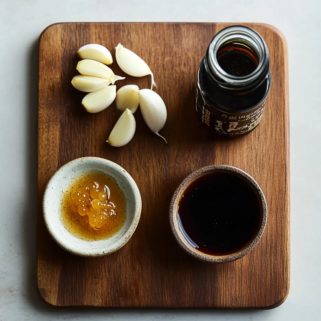  Ingredients for Amakuchi sauce: soy sauce, honey, garlic, and mirin.