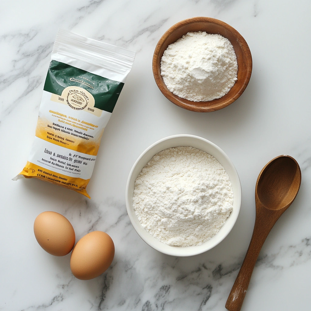 Ingredients for making pancake mix on a marble countertop