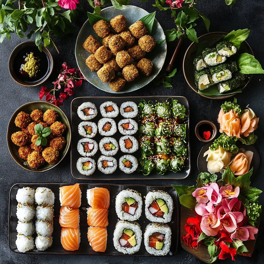 An international lunch spread with sushi, falafel wraps, and salad.