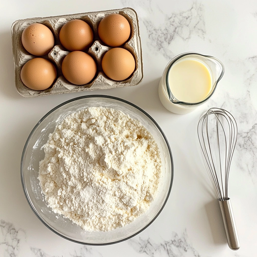 Pancake mix ingredients laid out on a countertop