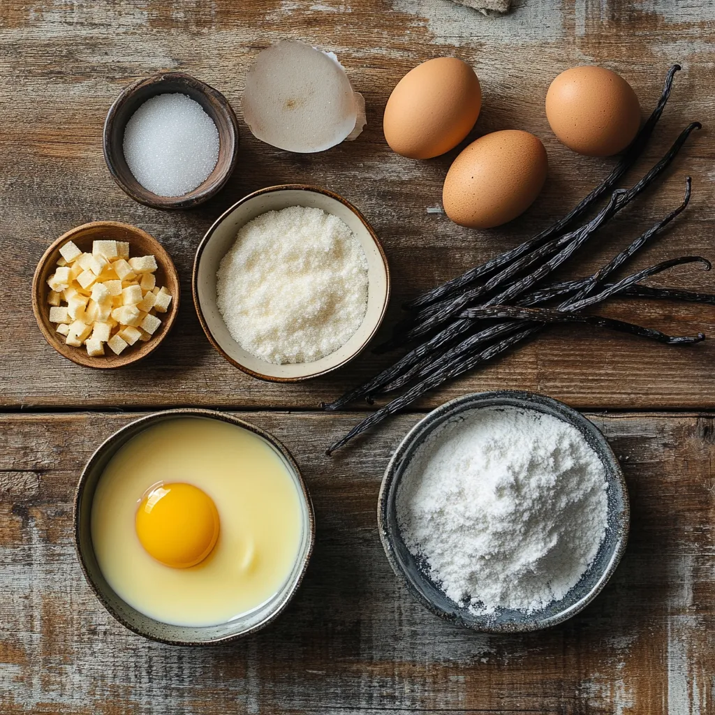 Crème brûlée ingredients on a countertop.