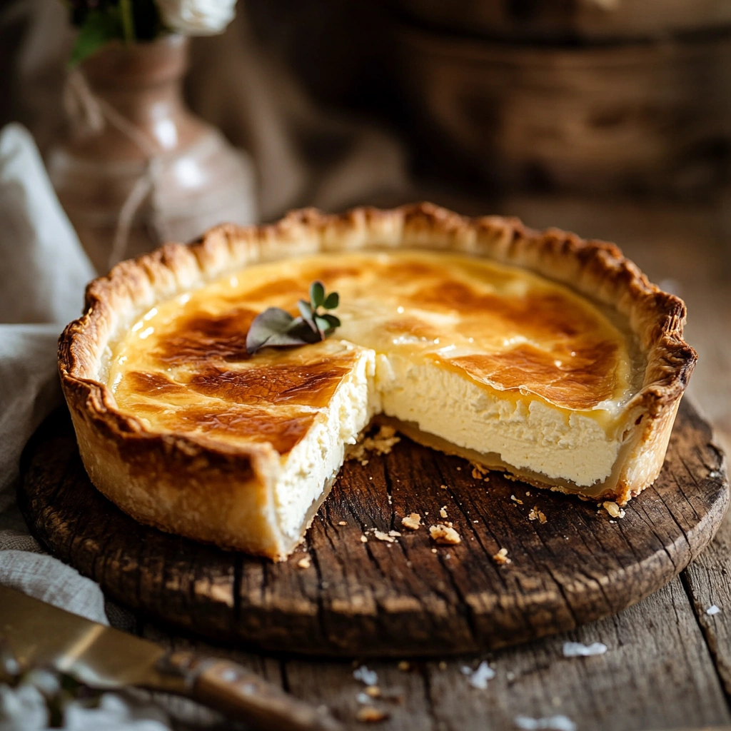 Freshly baked ricotta cheese pie with one slice removed