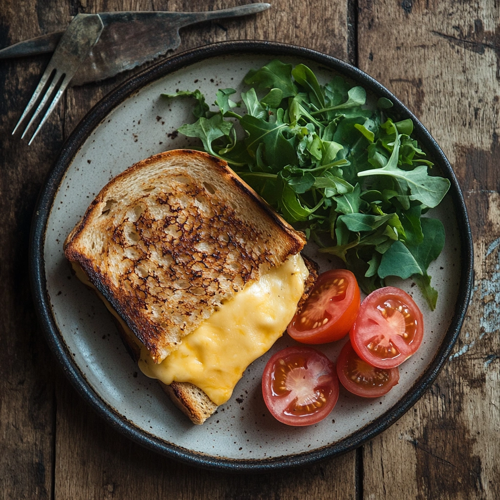 Grilled cheese sandwich with melted cheese and side salad.