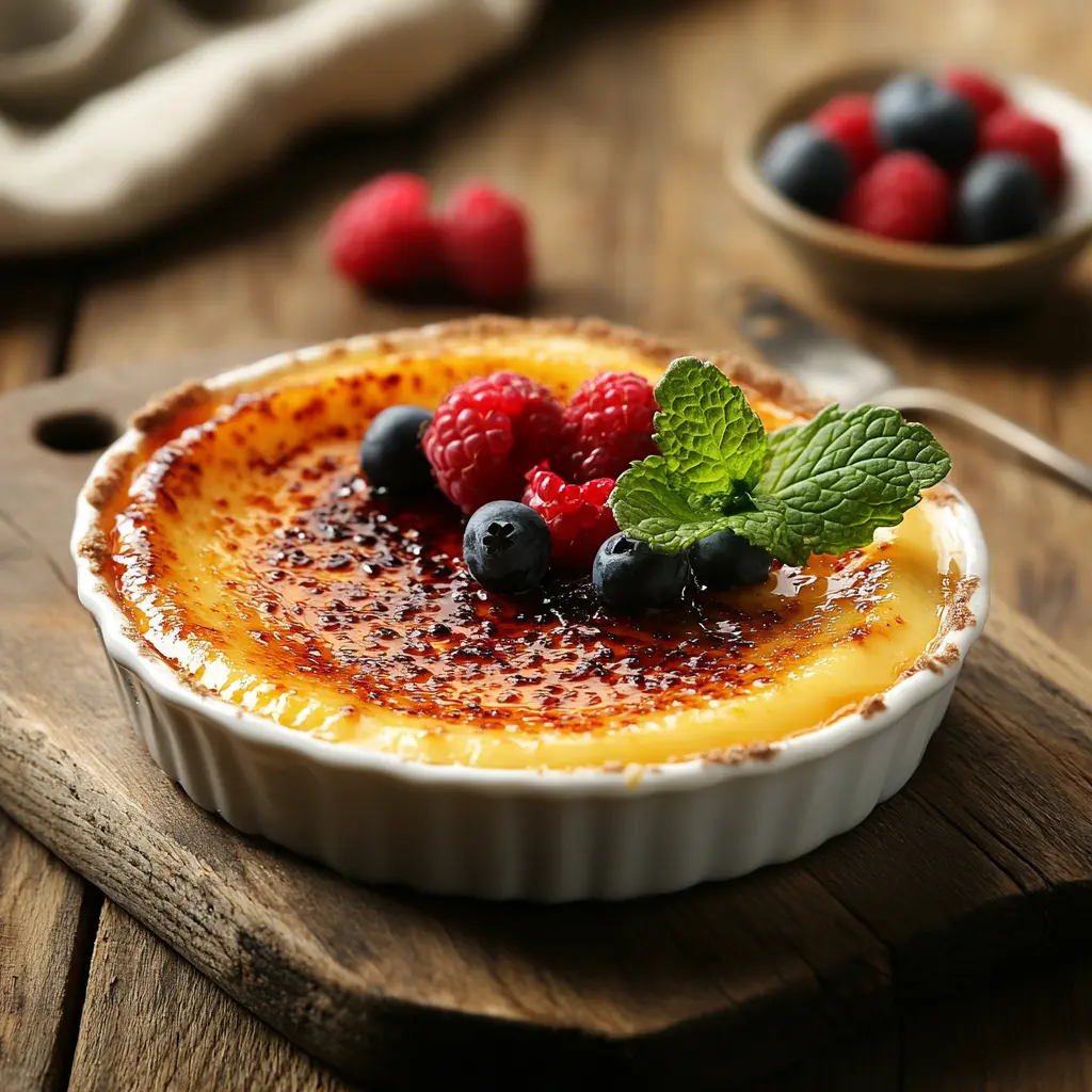 Crème brûlée with caramelized crust in a French kitchen