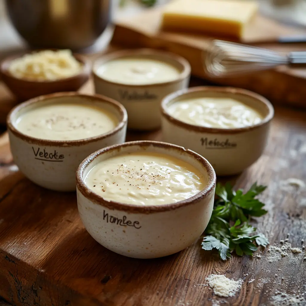 Close-up of Béchamel, Velouté, and Mornay sauces