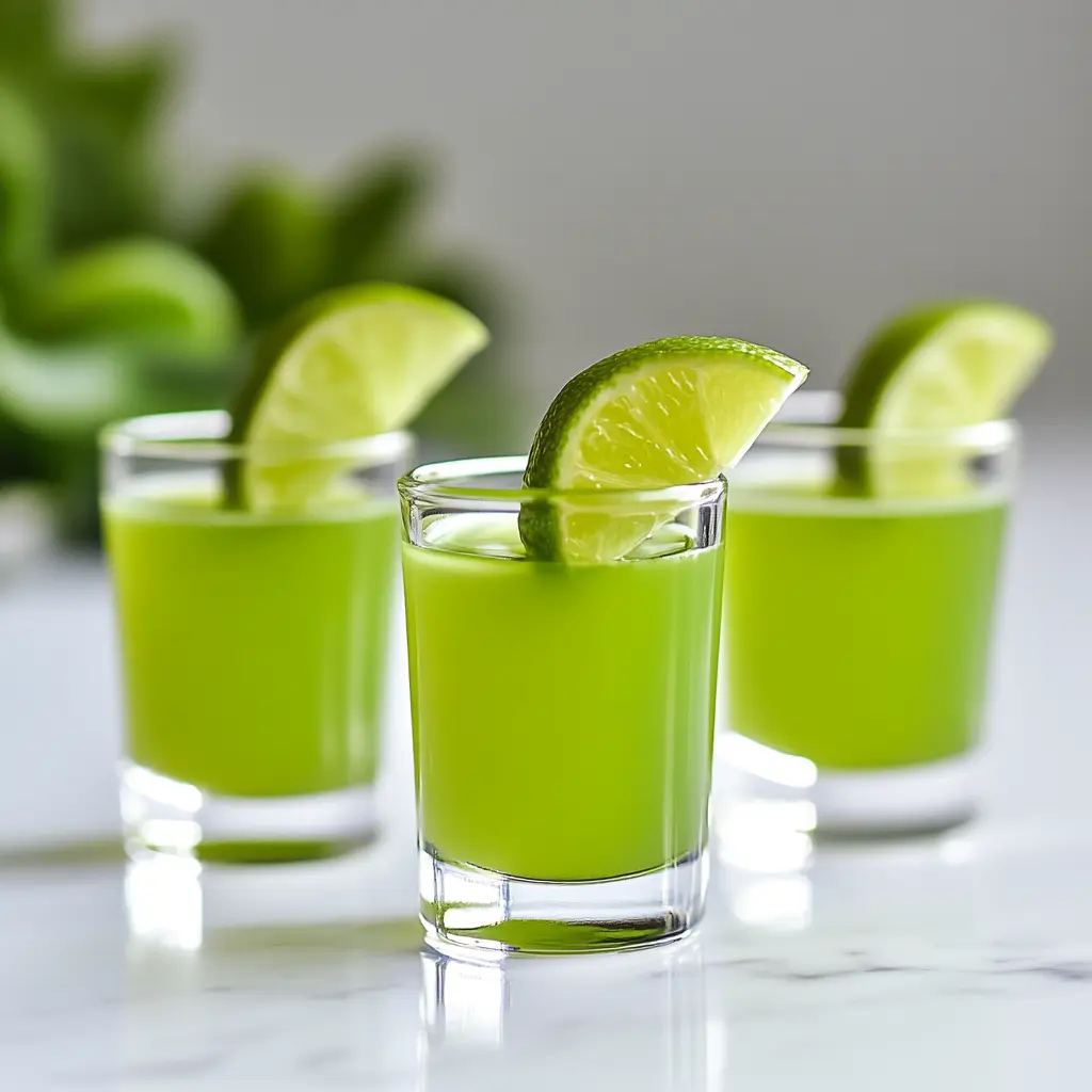 Served green tea shots with lime wedges.
