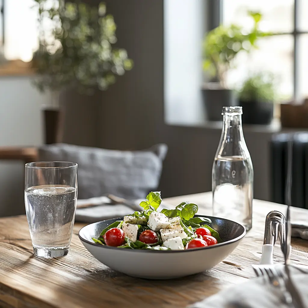 Greek salad on a rustic table setting.