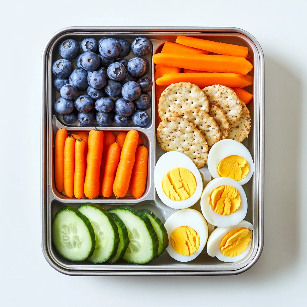 Colorful bento box with eggs, veggies, crackers, and berries