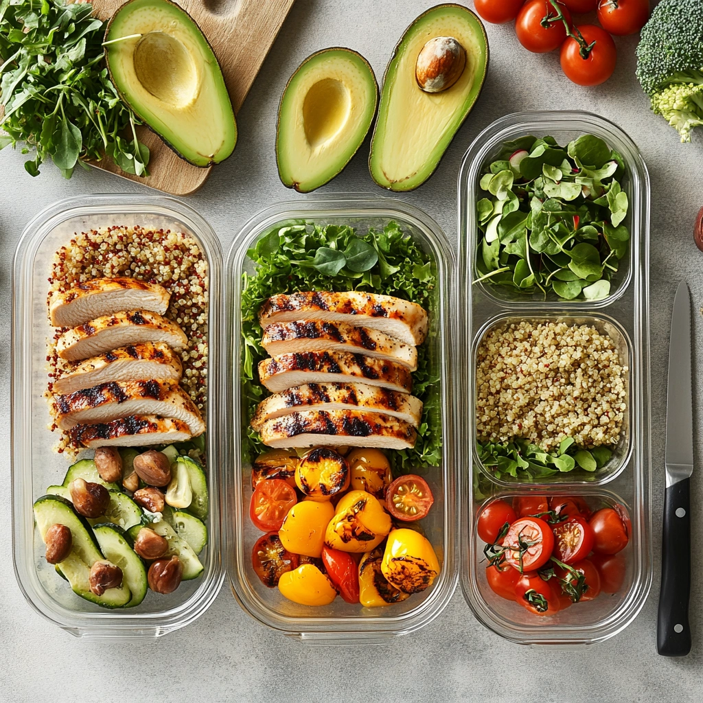 Meal prep containers with healthy ingredients for lunches.