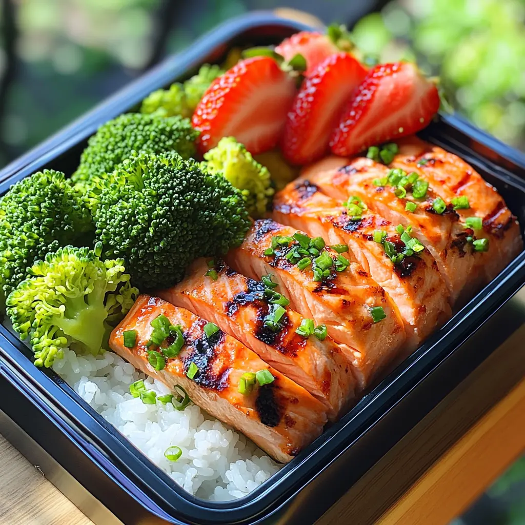Bento box with rice, grilled salmon, broccoli, and strawberries.