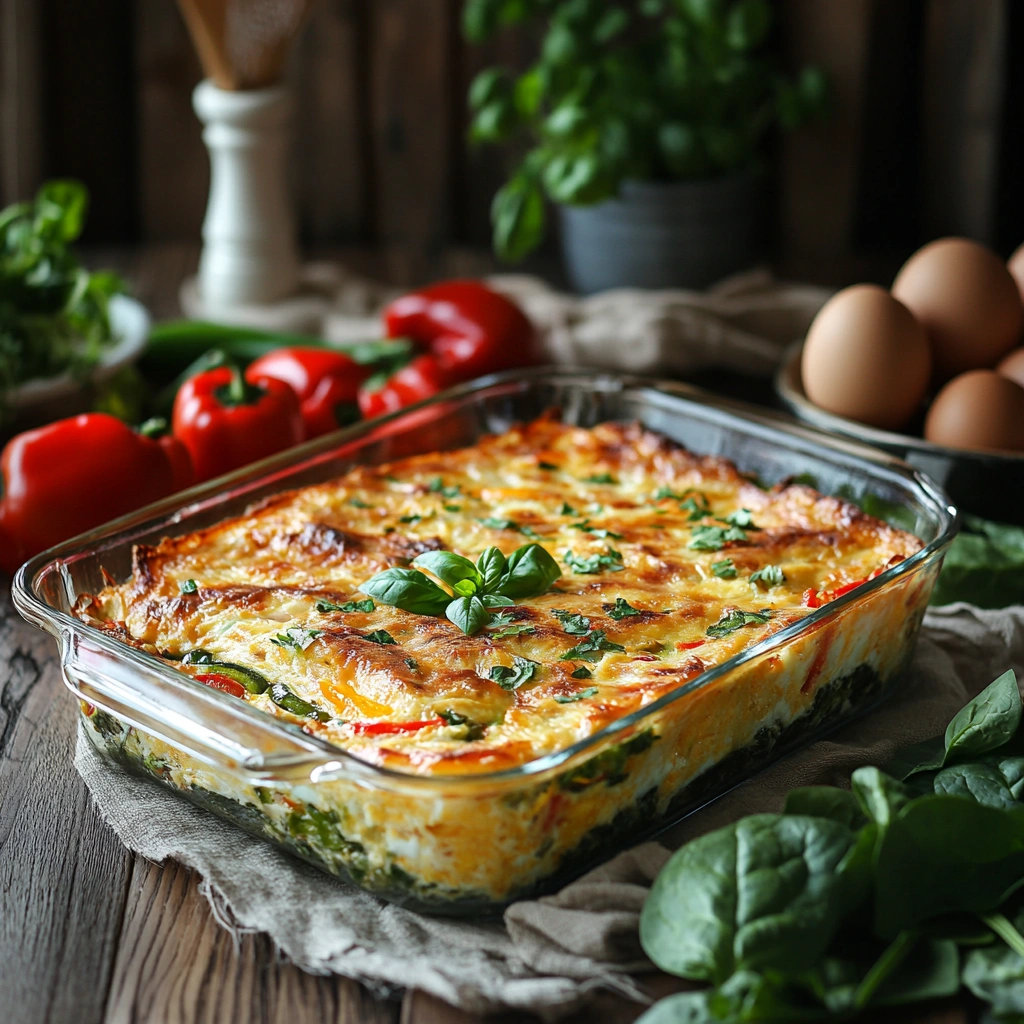 A baked breakfast casserole with eggs, cheese, and vegetables.
