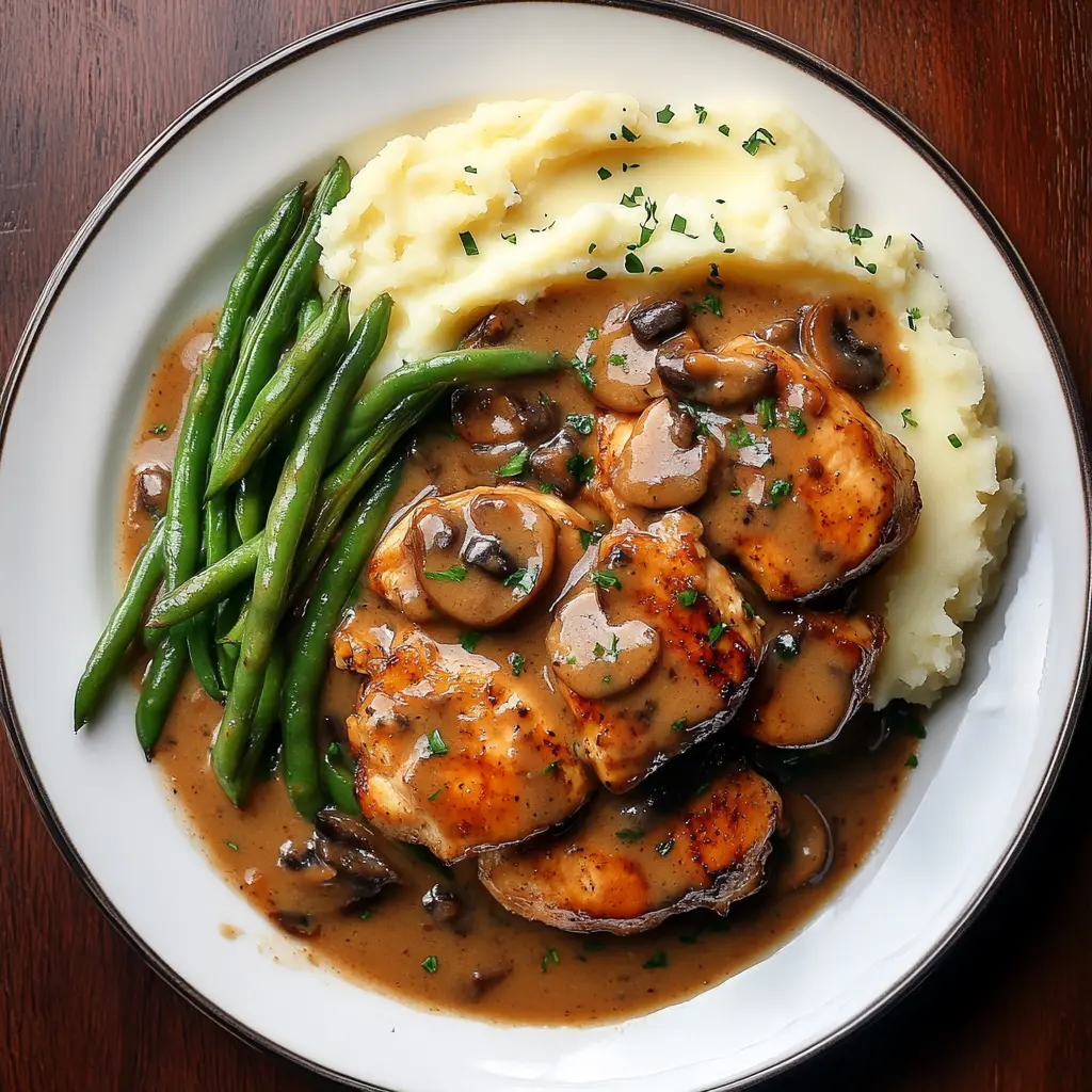 A plate of Chicken Marsala served with mashed potatoes and green beans.