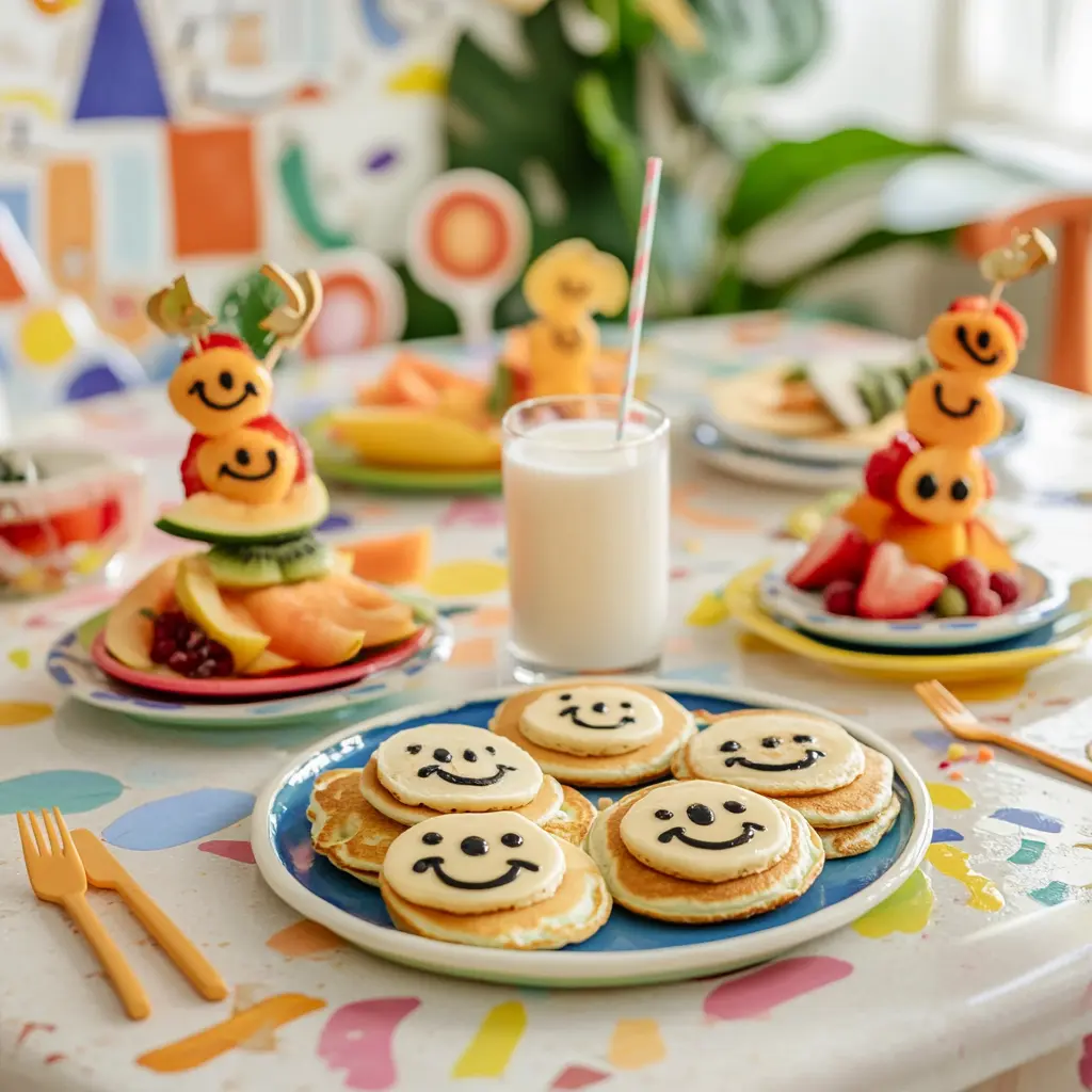 Kid-friendly breakfast with smiley-face pancakes and fruit skewers.