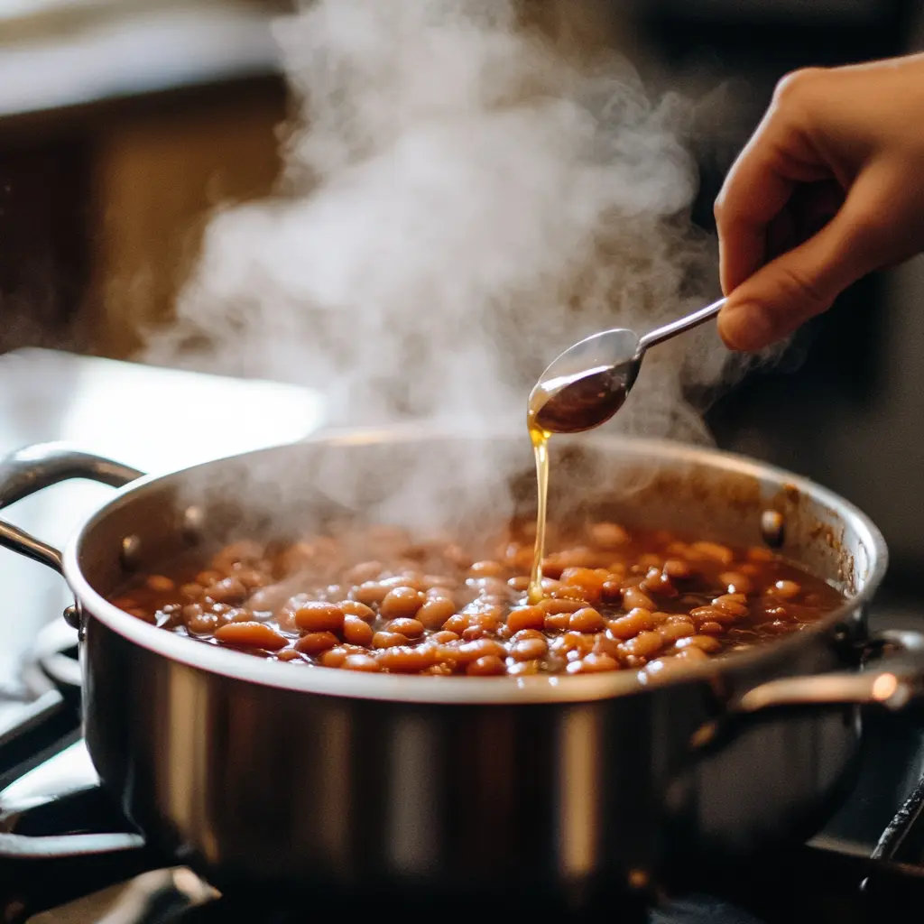 Adding vinegar to simmering baked beans.