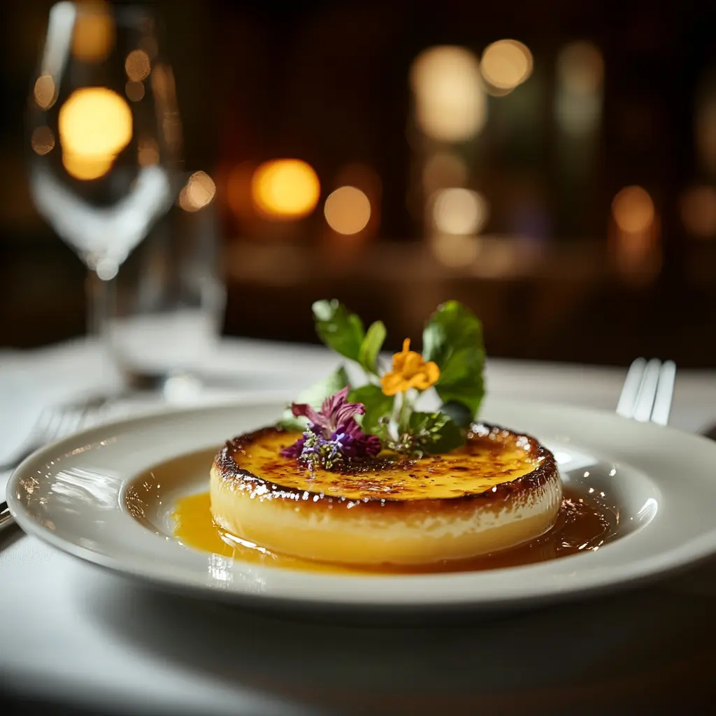 Crème brûlée served in a fine-dining setup