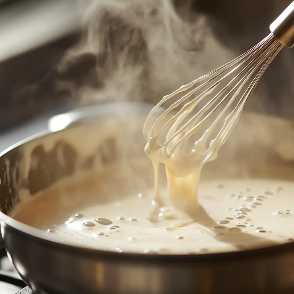 Smooth, creamy white sauce being whisked in a pan