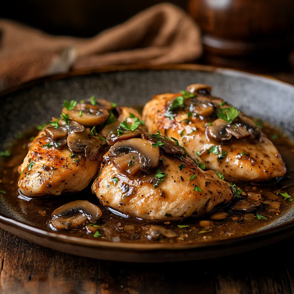 Chicken Marsala with mushrooms served on a plate.