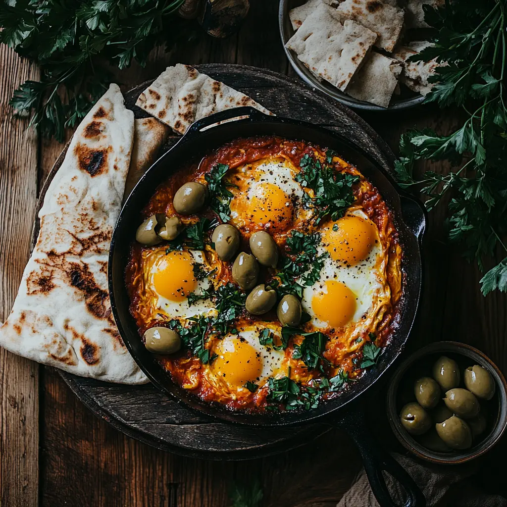 Shakshuka and manakish in a Middle Eastern breakfast spread